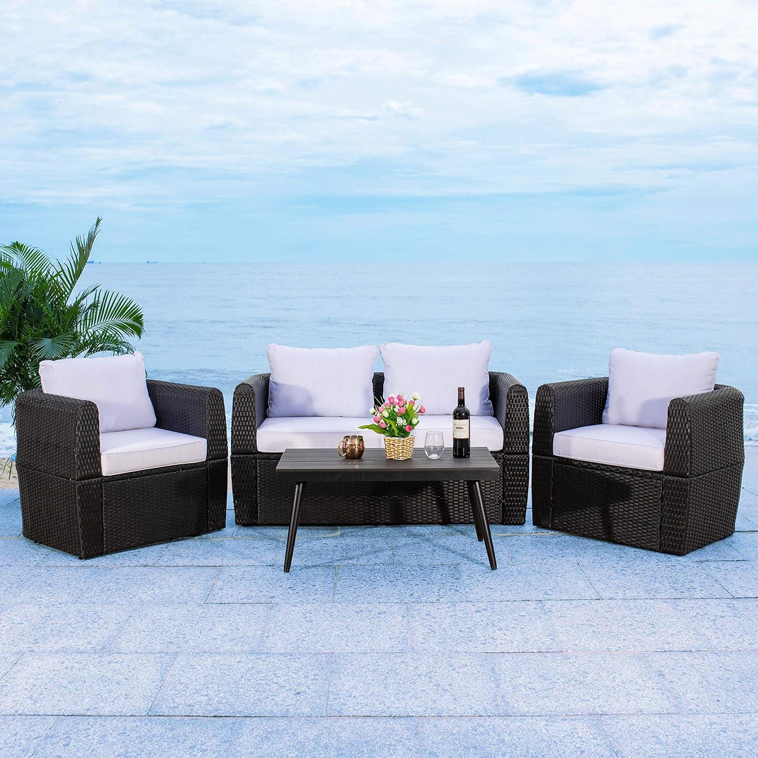 image:imageSAFAVIEH Outdoor Collection Tarien Black WickerBeige Cushion 4Piece Patio Backyard Living SetBlackWhite