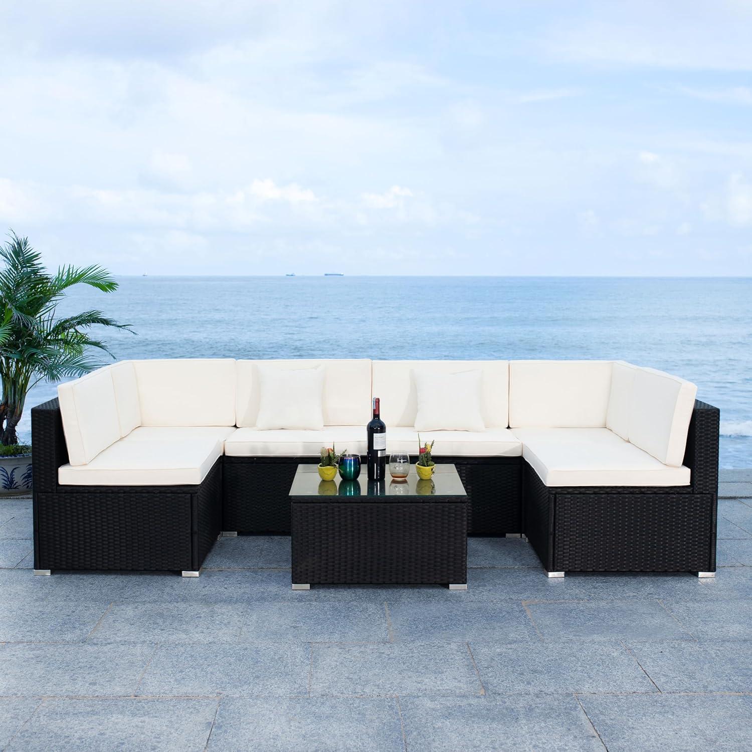 image:imageSAFAVIEH Outdoor Sectional Diona BlackWhite Outdoor Living SetBlack