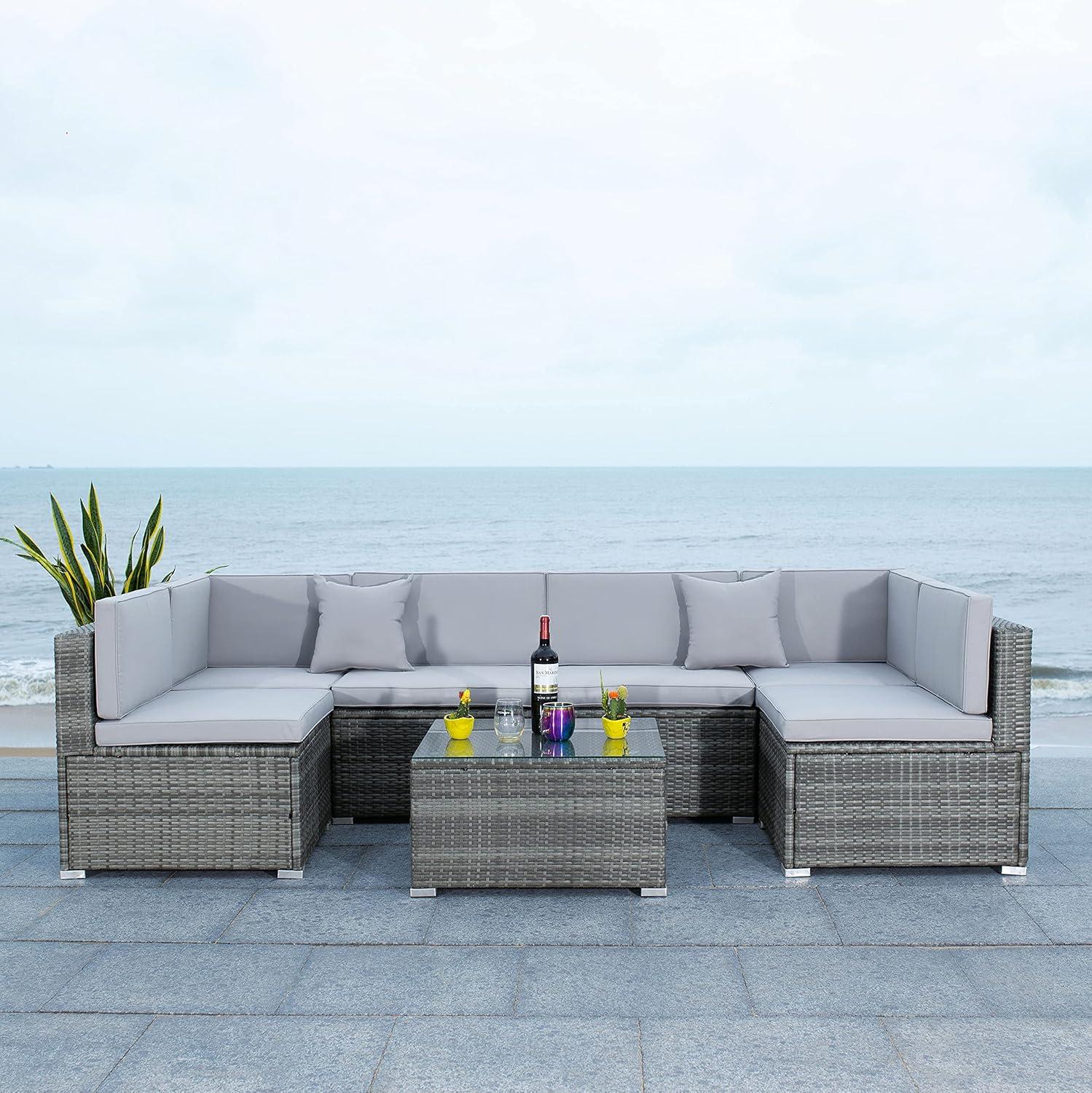 image:imageSAFAVIEH Outdoor Sectional Diona BlackWhite Outdoor Living SetGrey Grey
