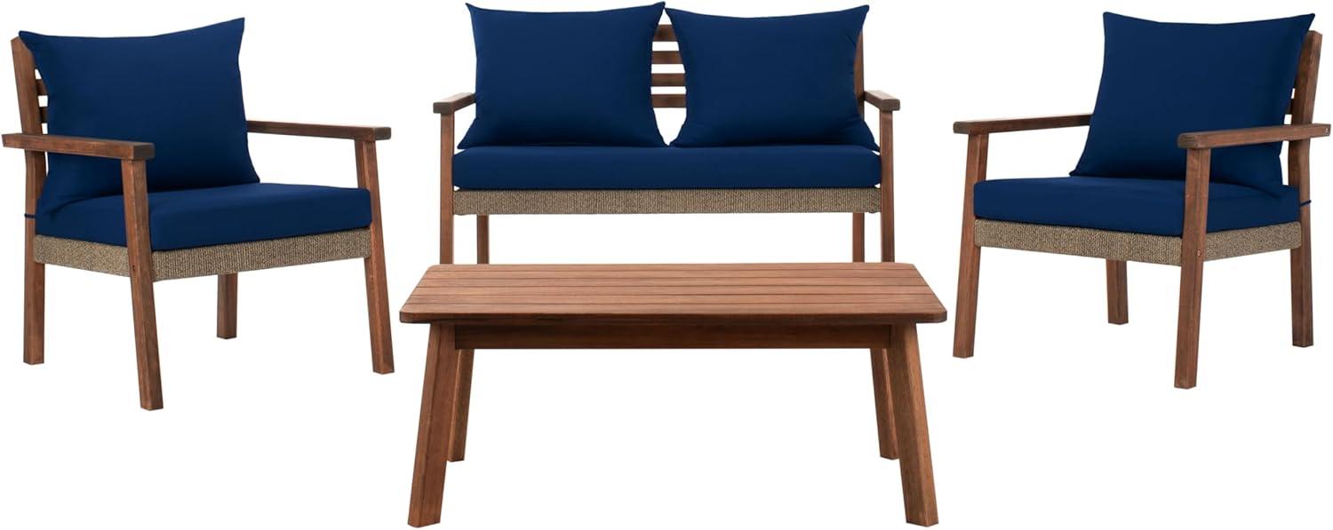 image:imageSAFAVIEH PAT7051A Collection Reid Grey Wash 4Piece Outdoor Patio SetNaturalNavy