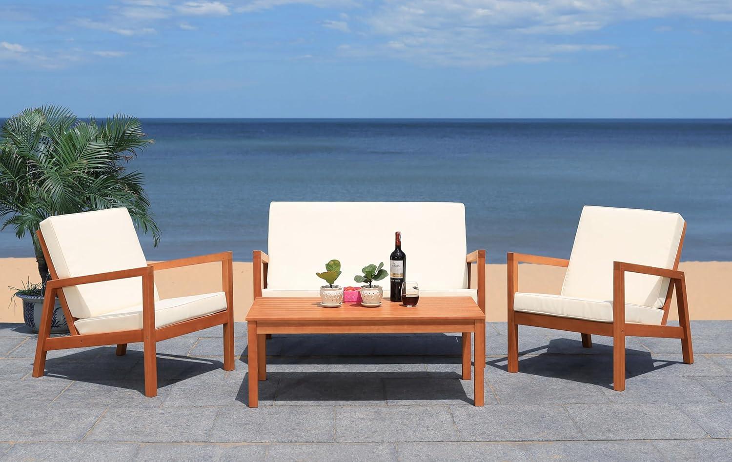 image:imageSAFAVIEH PAT7068A Outdoor Larence Brown 4Piece Seat Cushions Included Patio SetNaturalBeige