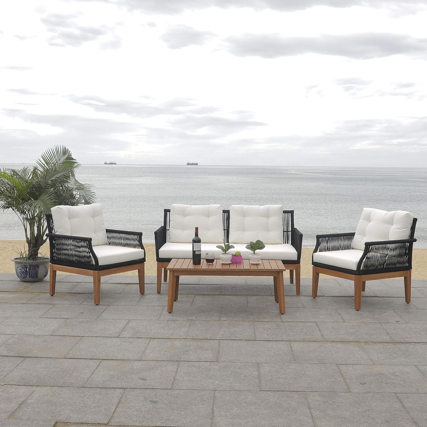 image:imageSAFAVIEH PAT7075A2BX Outdoor Winslo Rope 4Piece Seat Cushions and Pillows Included Patio SetBlackBeige