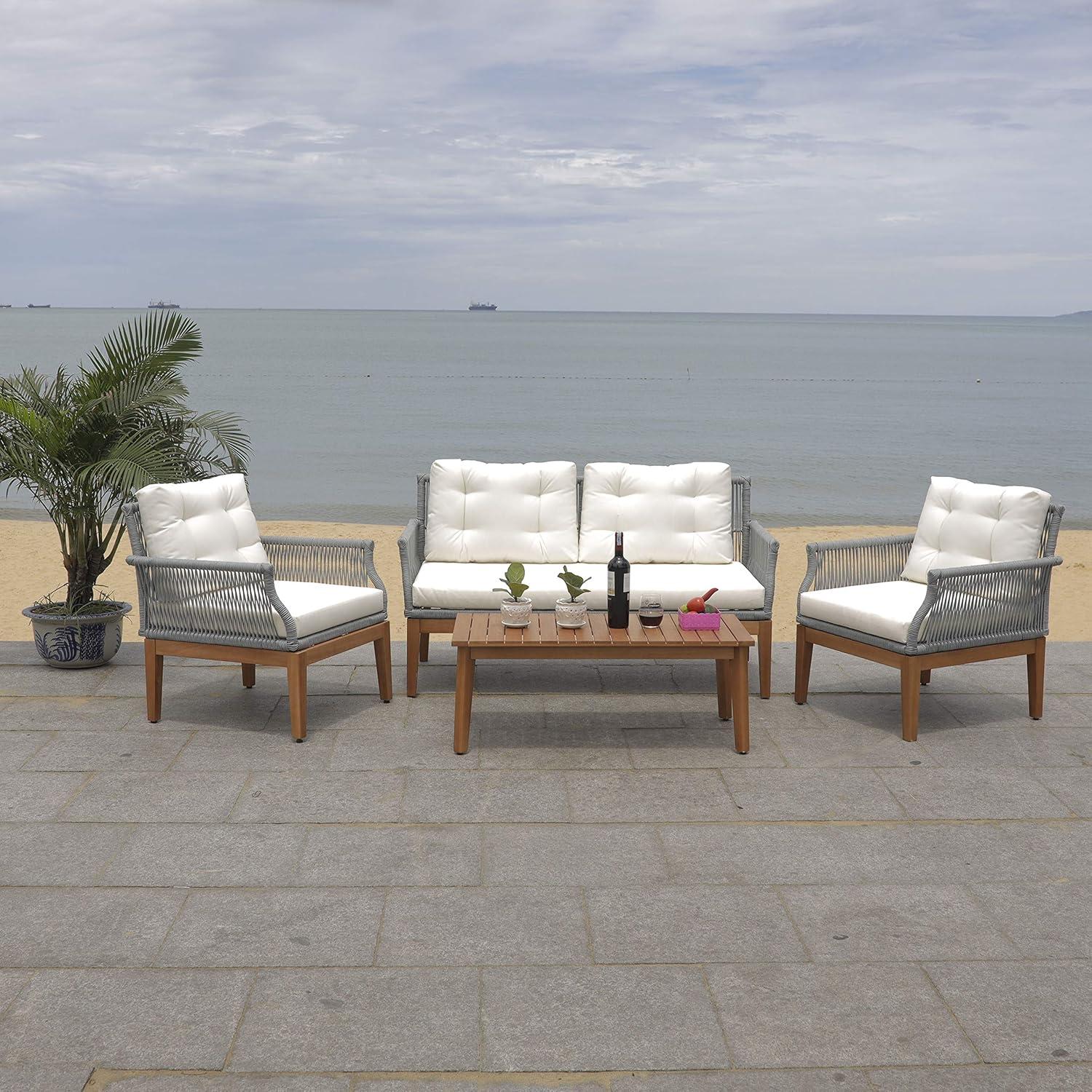 image:imageSAFAVIEH PAT7075A2BX Outdoor Winslo Rope 4Piece Seat Cushions and Pillows Included Patio SetGreyBeige