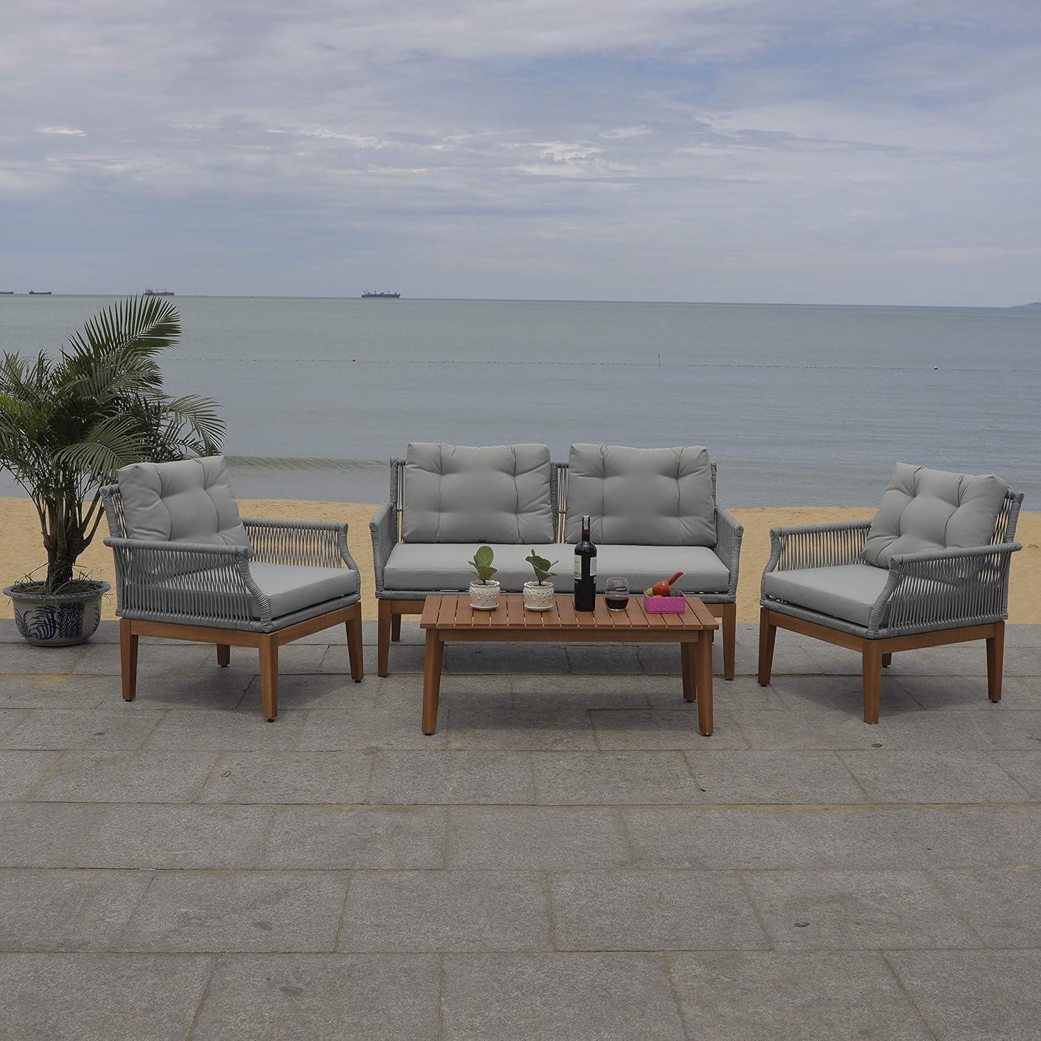 image:imageSAFAVIEH PAT7075A2BX Outdoor Winslo Rope 4Piece Seat Cushions and Pillows Included Patio SetGreyGrey