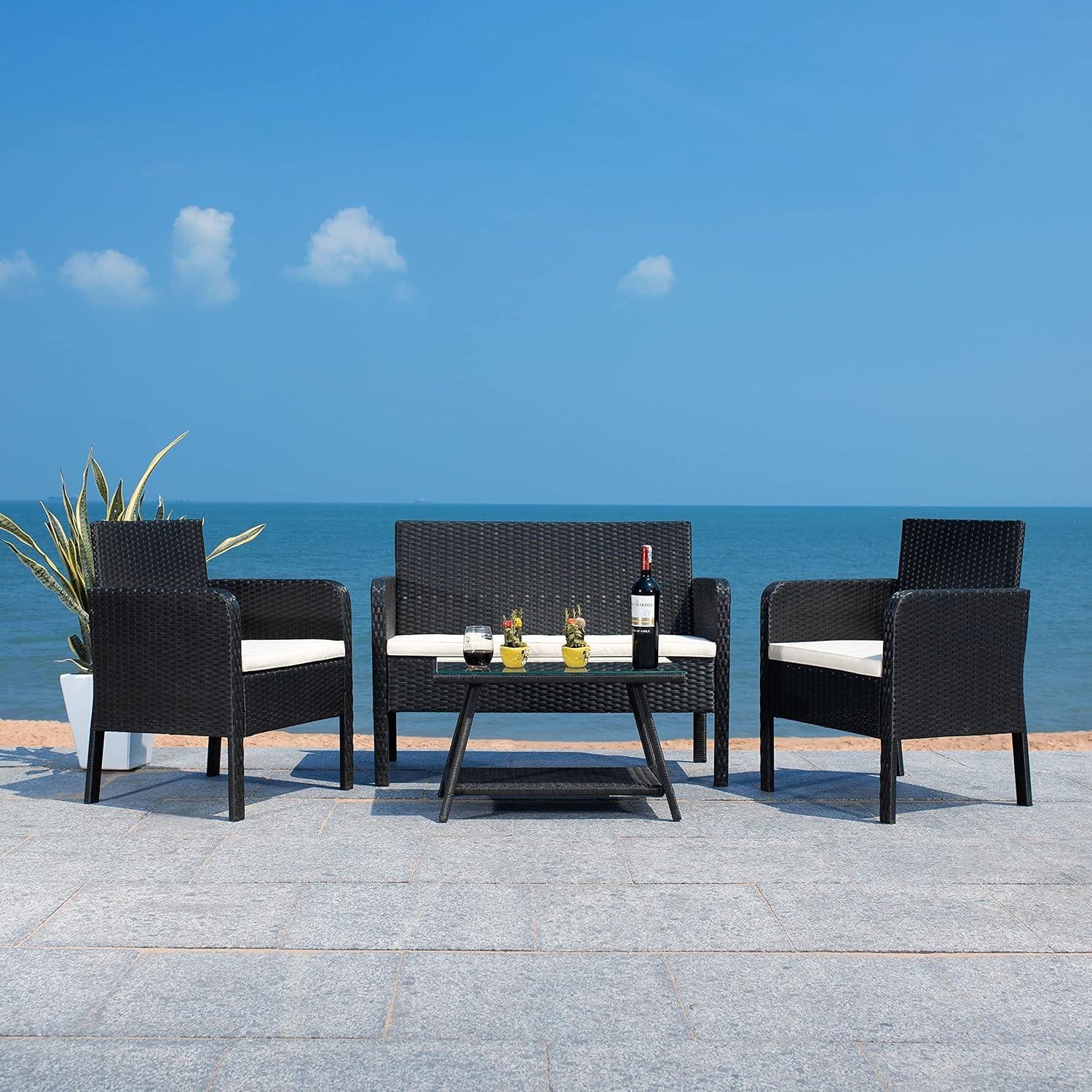 image:imageSAFAVIEH PAT7505A Collection Aboka Black and Beige 4Piece Outdoor Living Patio SetBlackBeige
