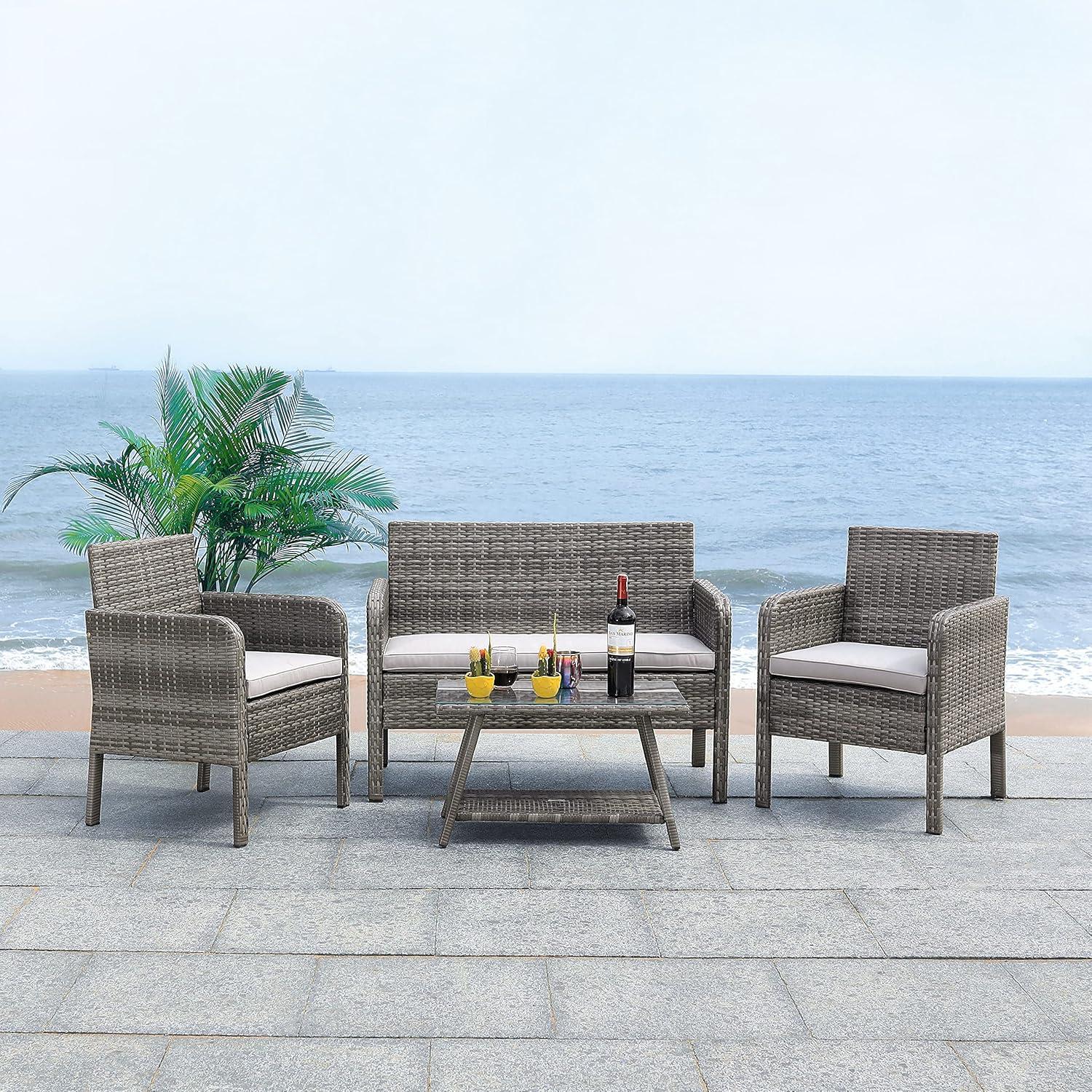 image:imageSAFAVIEH PAT7505A Collection Aboka Black and Beige 4Piece Outdoor Living Patio SetGreyGrey