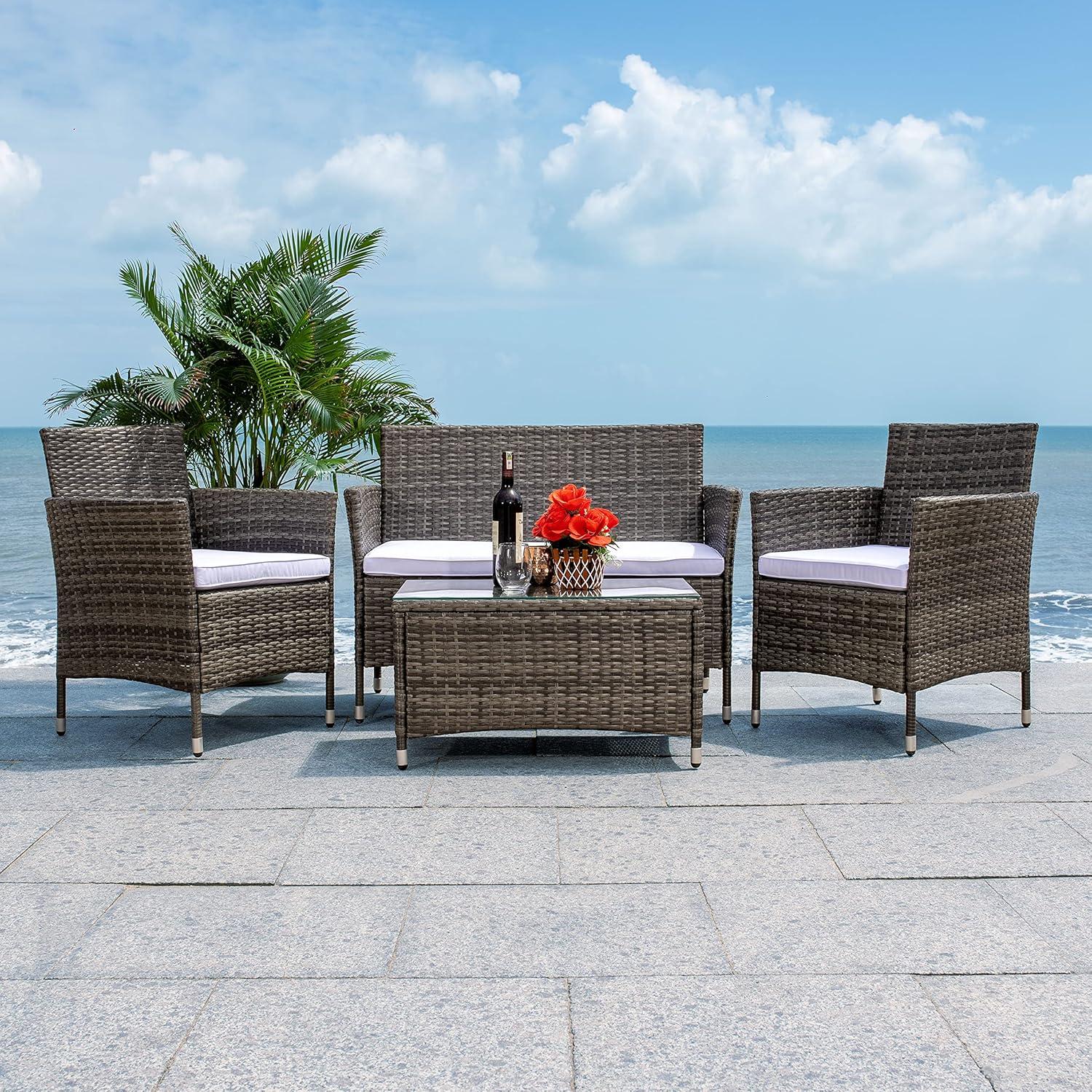 image:imageSAFAVIEH PAT7506B Collection Bandele Grey 4Piece Outdoor Living Patio SetGrey Brown White