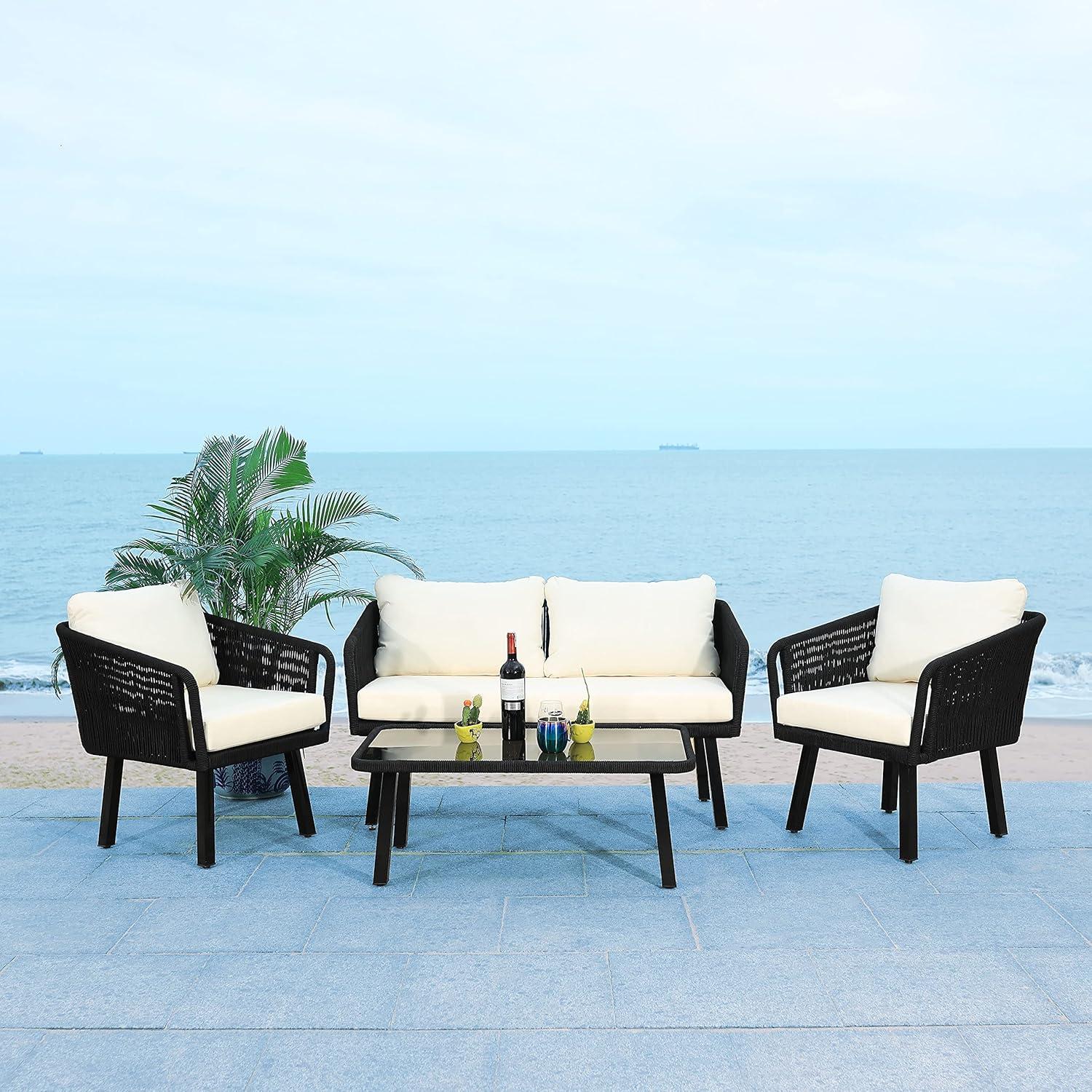 image:imageSafavieh Outdoor Collection Kerson Rope Cushion 4Piece Patio Backyard Living Set PAT7519A GreyBeigeBlack Beige