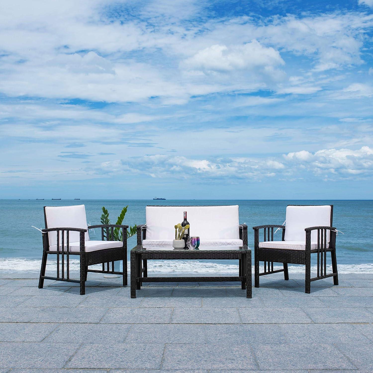 image:imageSafavieh Outdoor Collection Reslor Wicker Cushion 4Piece Living Set PAT7713D NaturalWhiteBlack White