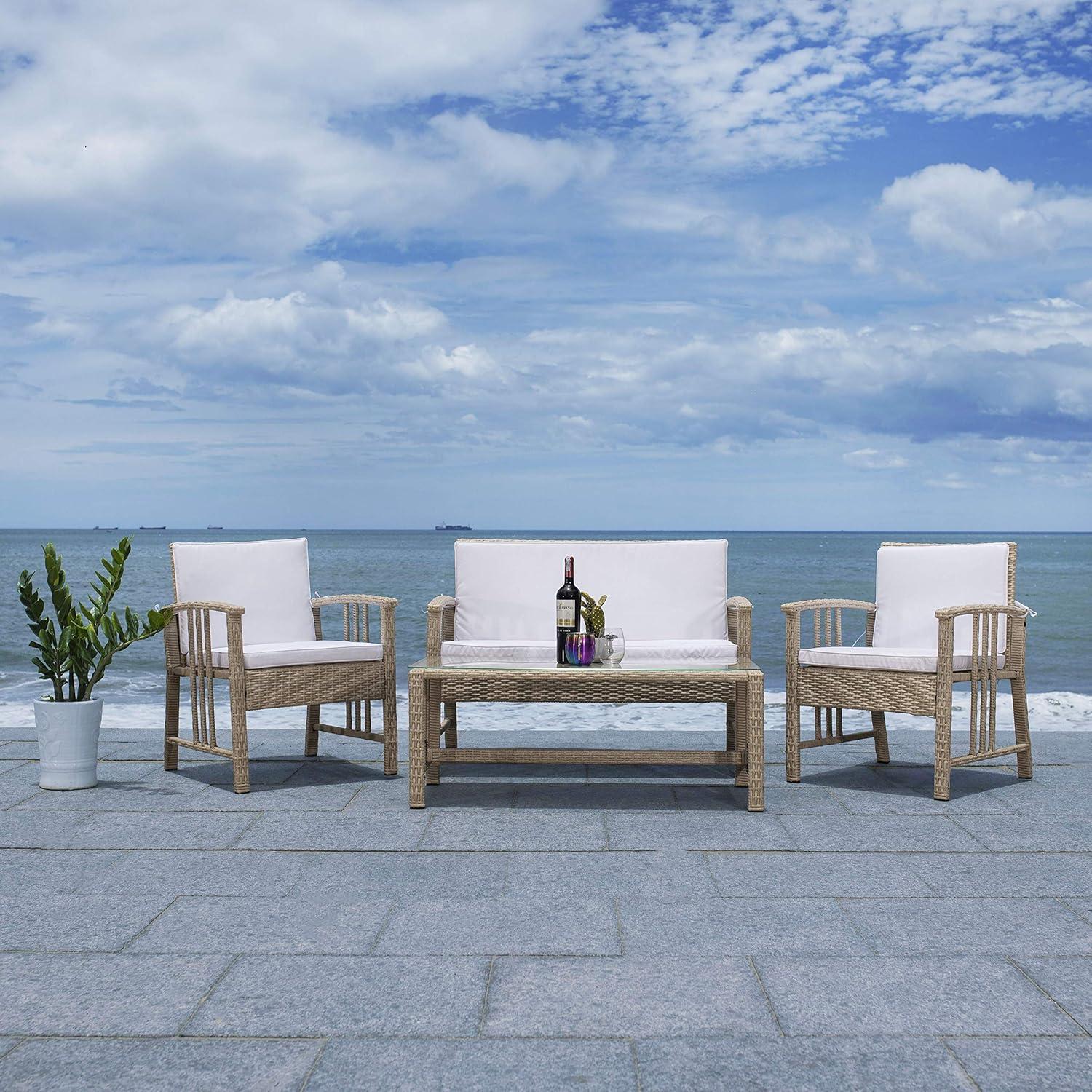 image:imageSafavieh Outdoor Collection Reslor Wicker Cushion 4Piece Living Set PAT7713D NaturalWhiteGrey White