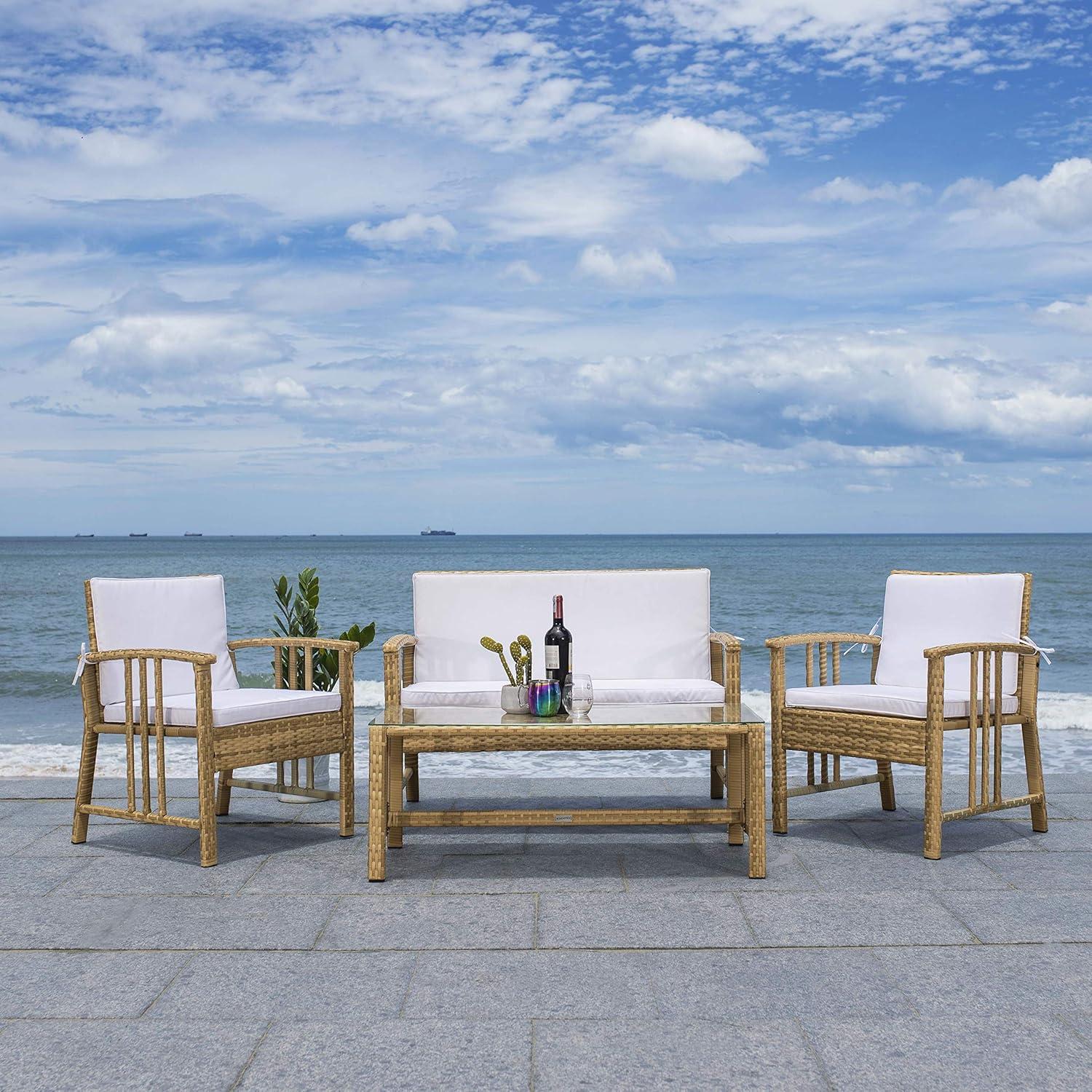 image:imageSafavieh Outdoor Collection Reslor Wicker Cushion 4Piece Living Set PAT7713D NaturalWhiteNatural White