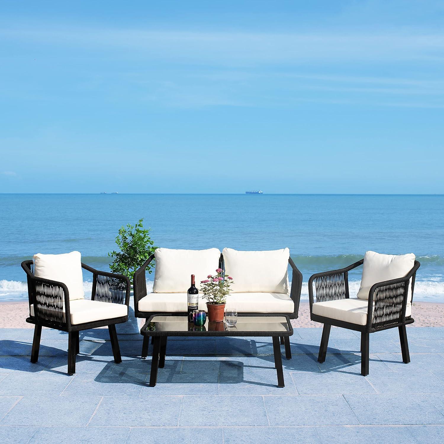 image:imageSafavieh Outdoor Collection Torsla Wicker Cushion 4Piece Rope Patio Backyard Living Set PAT7520C GreyGreyBlack Beige