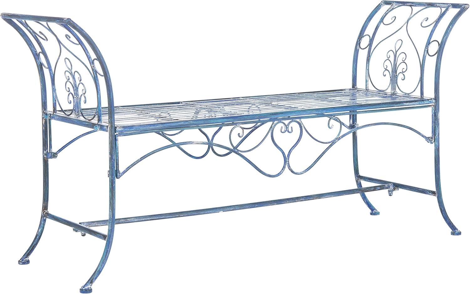 image:imageSafavieh PAT5016A Collection Arona Antique White Wrought Iron 51 Outdoor Garden BenchMossy Blue