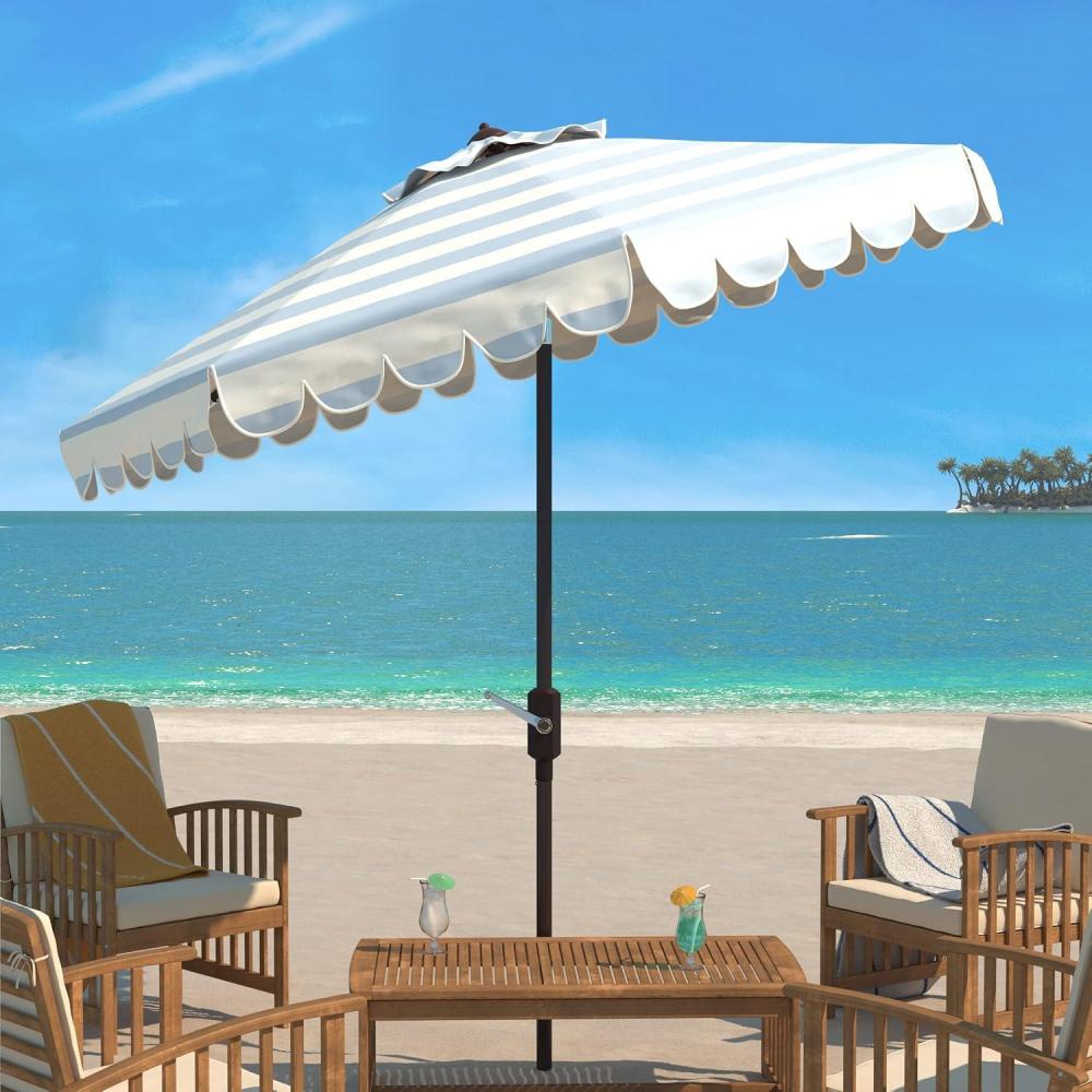image:imageSAFAVIEH 9ft Outdoor Patio Umbrella Round Maui Collection Beige amp White Stripe Crank Button Tilt UV Resistant for Deck Backyard Patio PAT8011ABaby BlueWhite