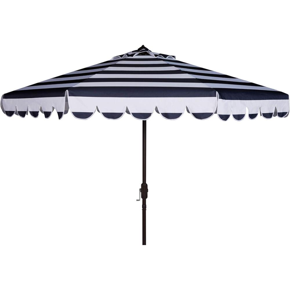 image:imageSAFAVIEH 9ft Outdoor Patio Umbrella Round Maui Collection Beige amp White Stripe Crank Button Tilt UV Resistant for Deck Backyard Patio PAT8011ANavyWhite
