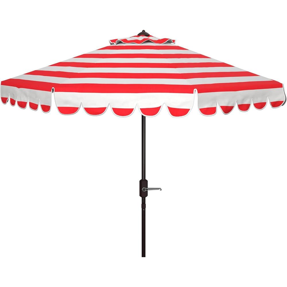 image:imageSAFAVIEH 9ft Outdoor Patio Umbrella Round Maui Collection Beige amp White Stripe Crank Button Tilt UV Resistant for Deck Backyard Patio PAT8011ARedWhite