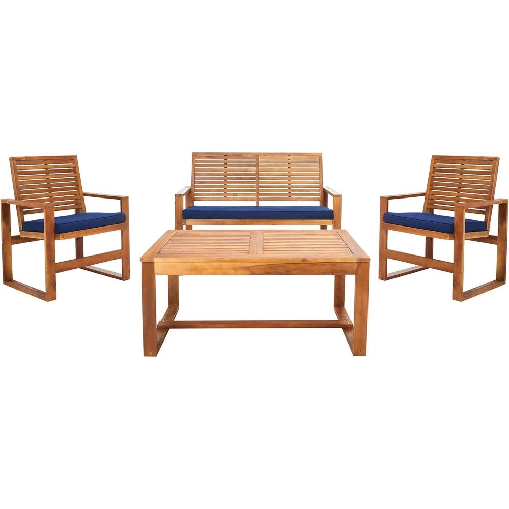 image:imageSAFAVIEH Home Collection Hailey Outdoor Living Acacia Patio SetNatural Navy