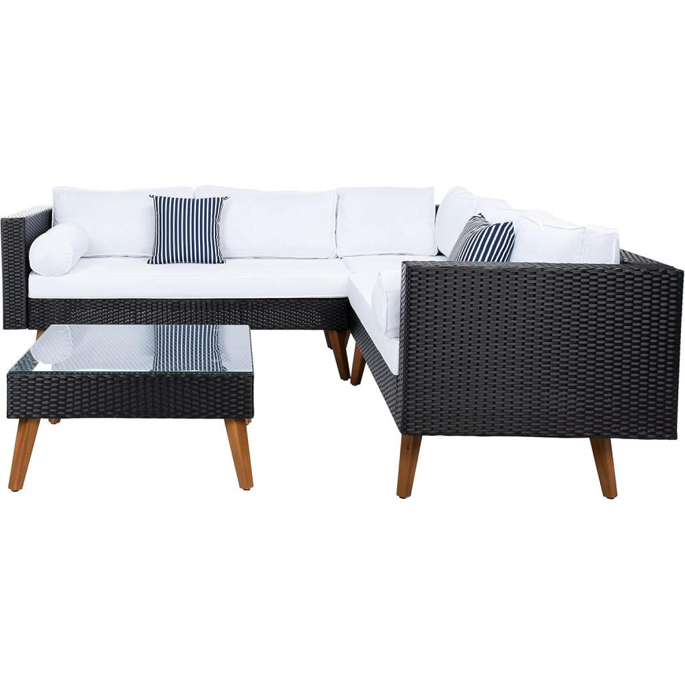 image:imageSAFAVIEH Outdoor Collection Analon Wicker Cushion Sectional Set PAT7716B3BX BeigeWhiteBlack  White