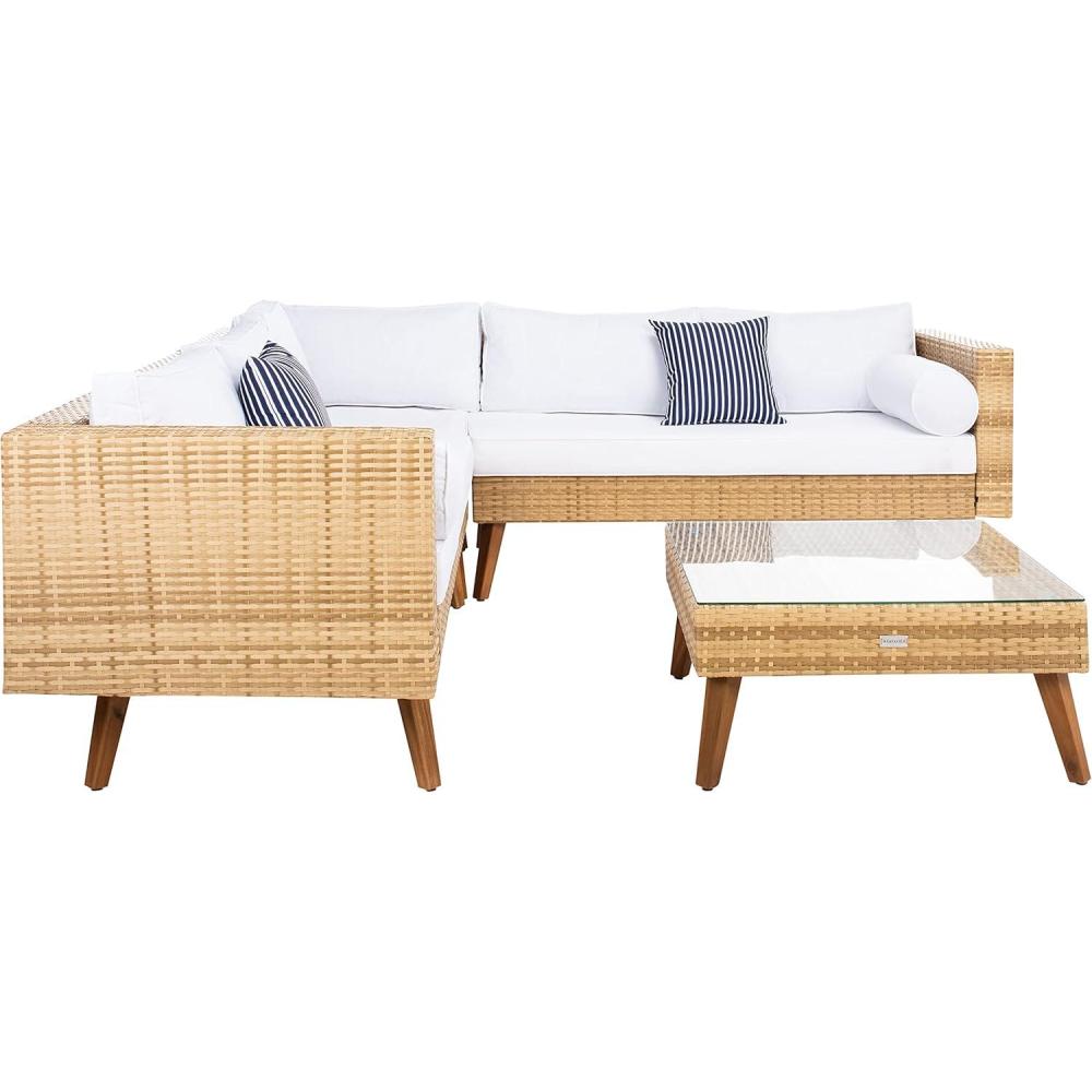image:imageSAFAVIEH Outdoor Collection Analon Wicker Cushion Sectional Set PAT7716B3BX BeigeWhiteNatural  White