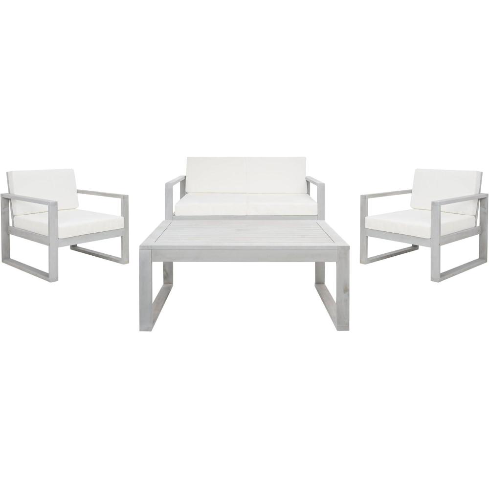 image:imageSAFAVIEH Outdoor Collection Emiko NaturalBeige Cushion Solid Wood 4Piece Conversation Patio SetGreyBeige