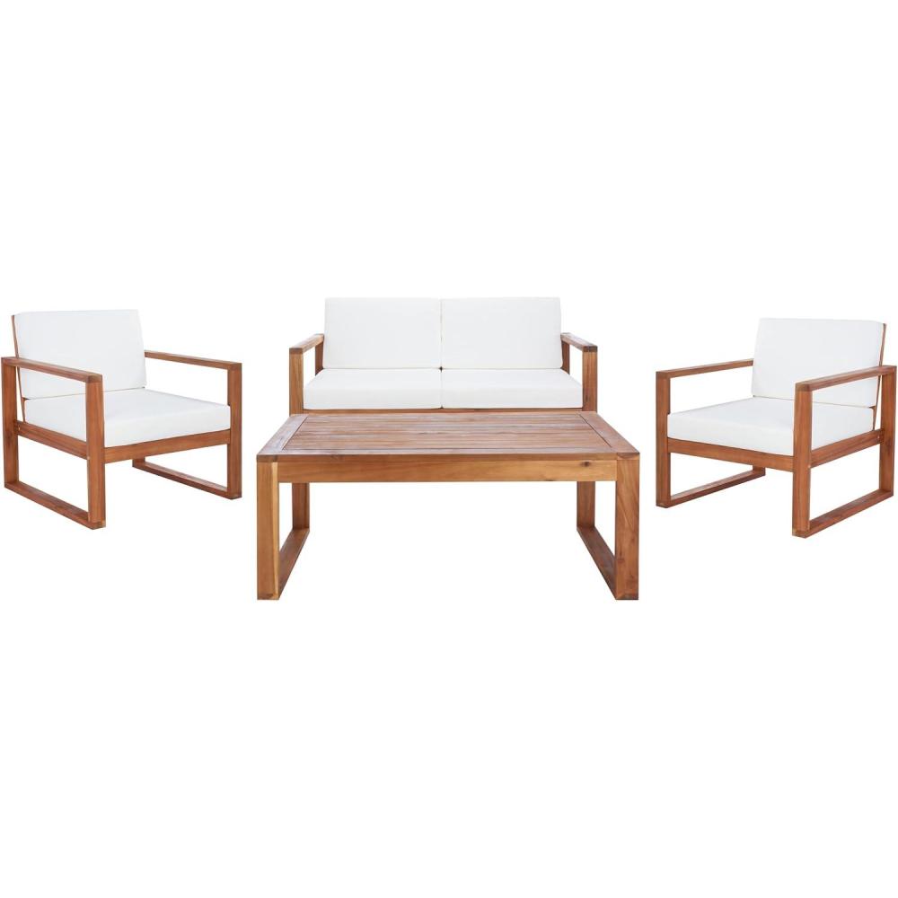 image:imageSAFAVIEH Outdoor Collection Emiko NaturalBeige Cushion Solid Wood 4Piece Conversation Patio SetNaturalBeige