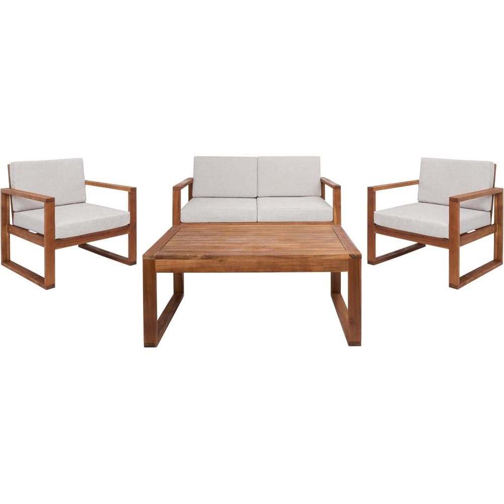 image:imageSAFAVIEH Outdoor Collection Emiko NaturalBeige Cushion Solid Wood 4Piece Conversation Patio SetNaturalLight Grey