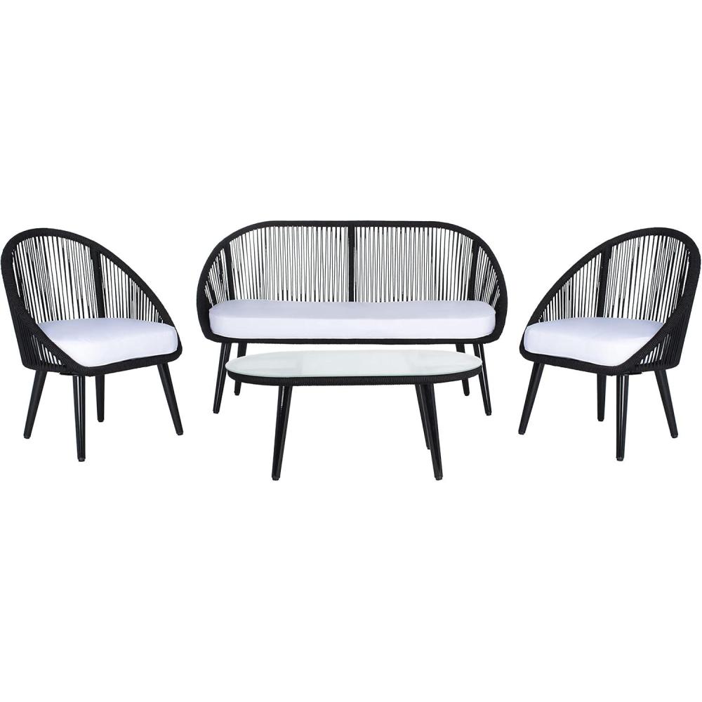 image:imageSAFAVIEH Outdoor Collection Halcott Black RopeWhite Cushion 4Piece Conversation Patio SetBlack  White