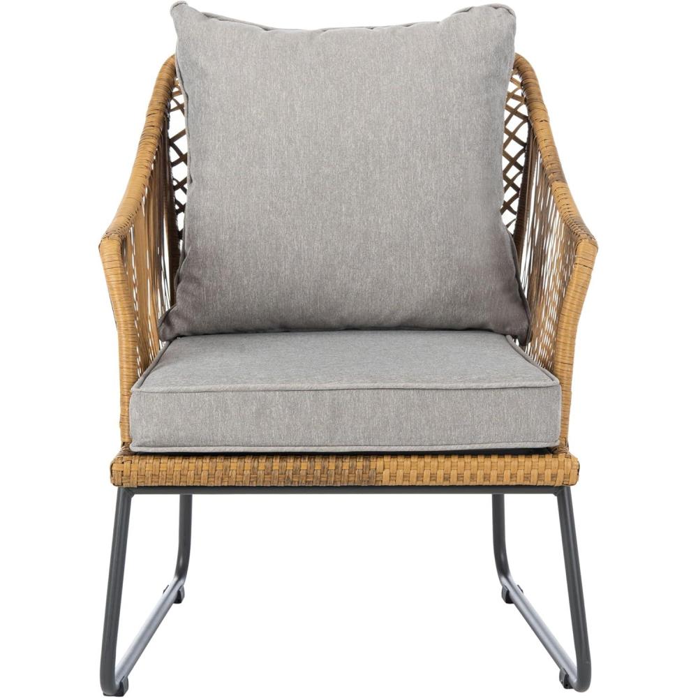 image:imageSAFAVIEH Outdoor Collection Jensen Natural Brown RattanGrey Seat Cushion 3Piece Patio Lounge Bistro Set with Table PAT9008ANatural Grey