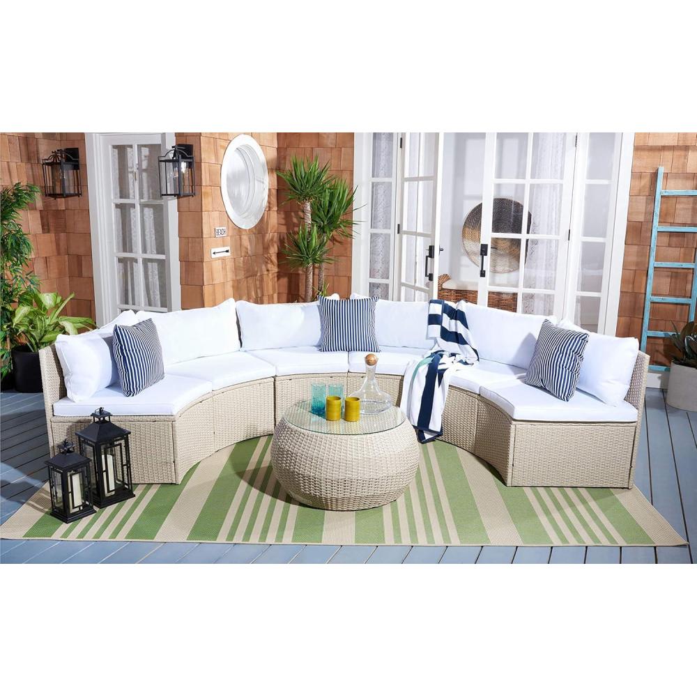 image:imageSAFAVIEH Outdoor Collection Jesvita BeigeWhite CushionNavy Thin Stripe Pillow Conversation Patio SetBeige White