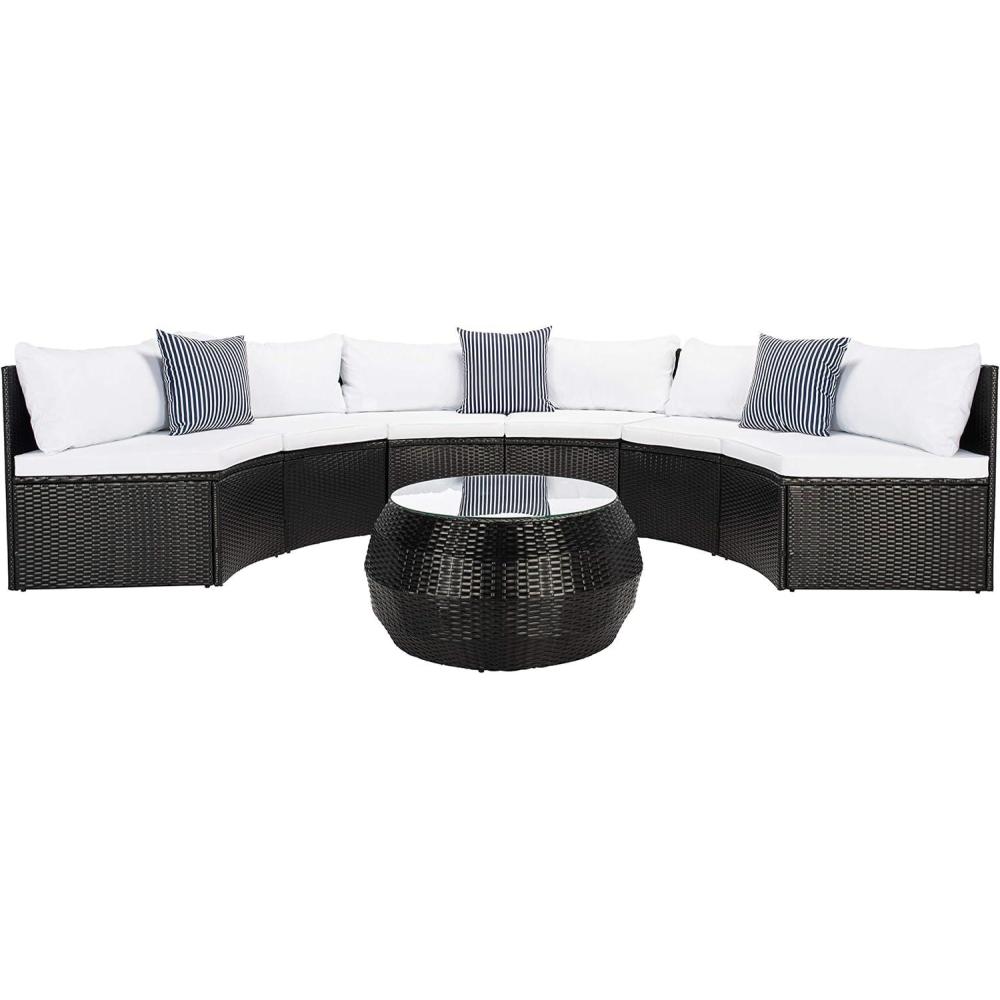 image:imageSAFAVIEH Outdoor Collection Jesvita BeigeWhite CushionNavy Thin Stripe Pillow Conversation Patio SetBlack White
