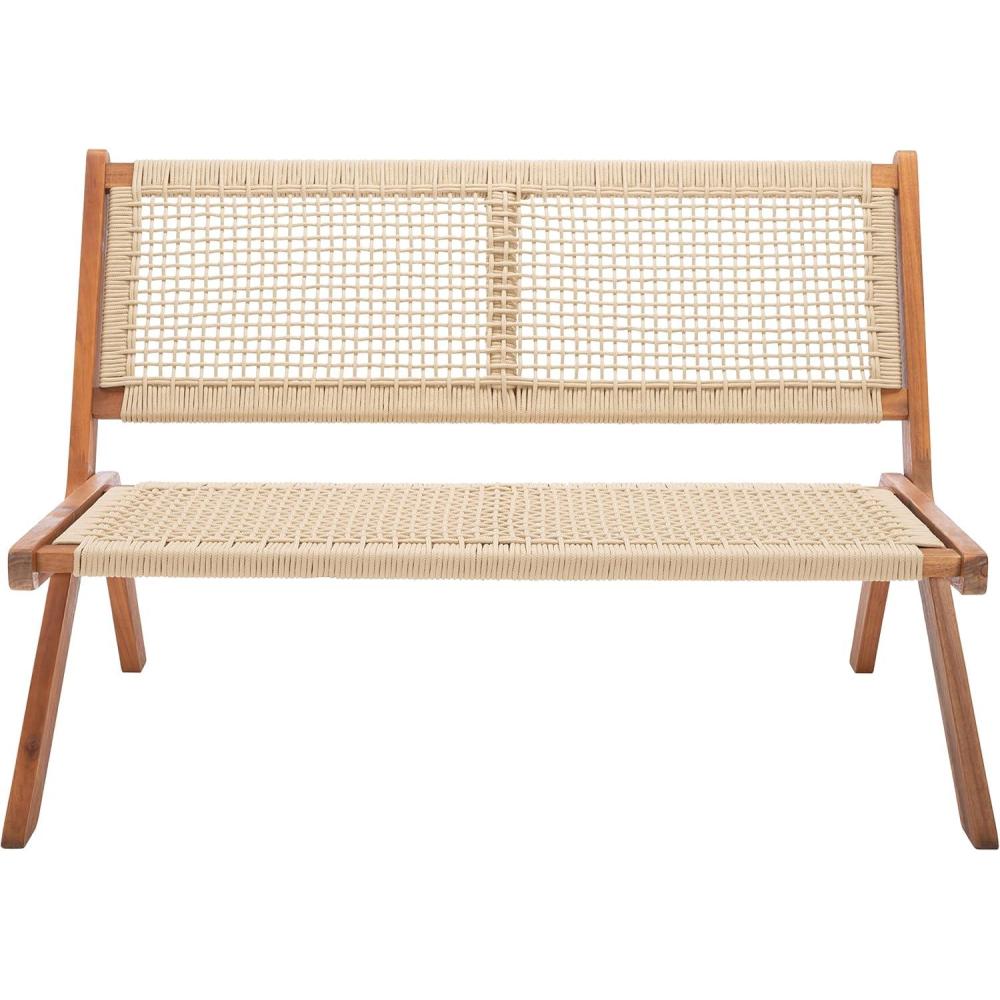 image:imageSAFAVIEH Outdoor Collection Kobina Black Acacia WoodBlack Rope Foldable BenchNaturalNatural