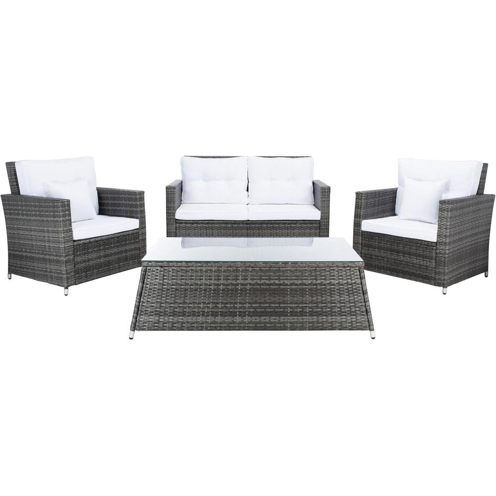 image:imageSAFAVIEH Outdoor Collection Lorma Grey BrownWhite Wicker 4Piece Conversation Patio Set