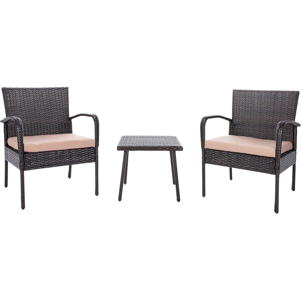 image:imageSAFAVIEH Outdoor Collection Moore Black RattanBeige Cushion 3Piece Patio Lounge Bistro Set with Table PAT9009ABrown  Beige