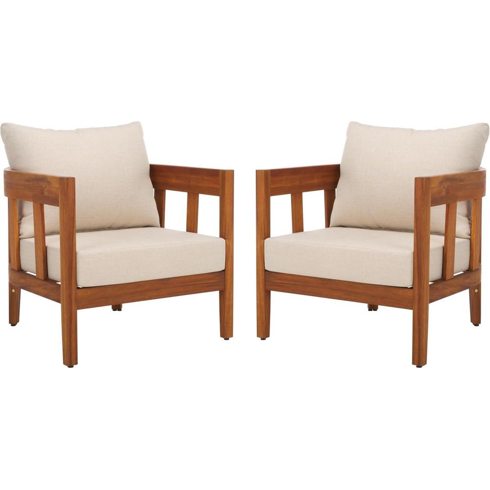 image:imageSAFAVIEH Outdoor Collection Owen Natural BrownTaupe Cushion Solid Wood Chair Set of 2