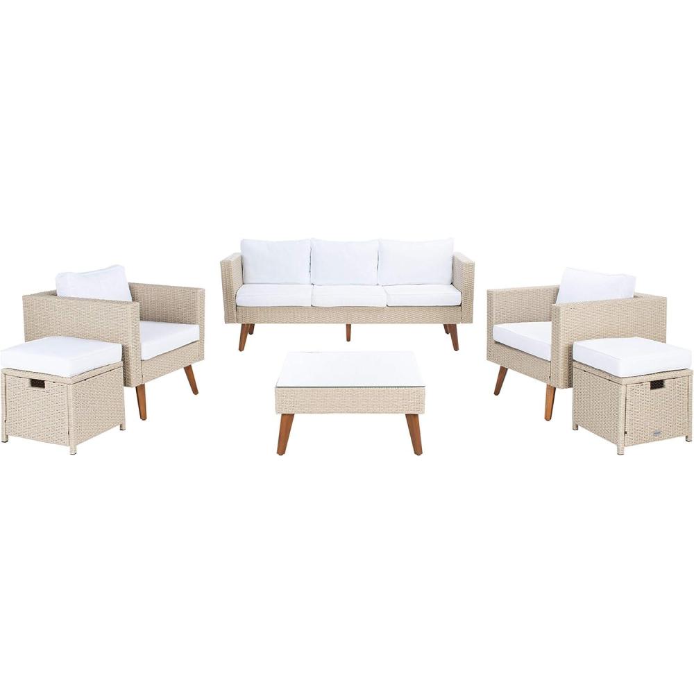 image:imageSAFAVIEH Outdoor Collection Presla NaturalWhite 6Piece Patio Living Set PAT7715D3BXBeige White
