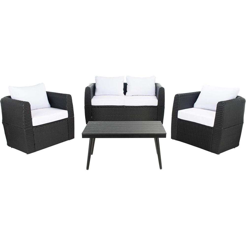 image:imageSAFAVIEH Outdoor Collection Tarien Black WickerBeige Cushion 4Piece Patio Backyard Living SetBlackWhite