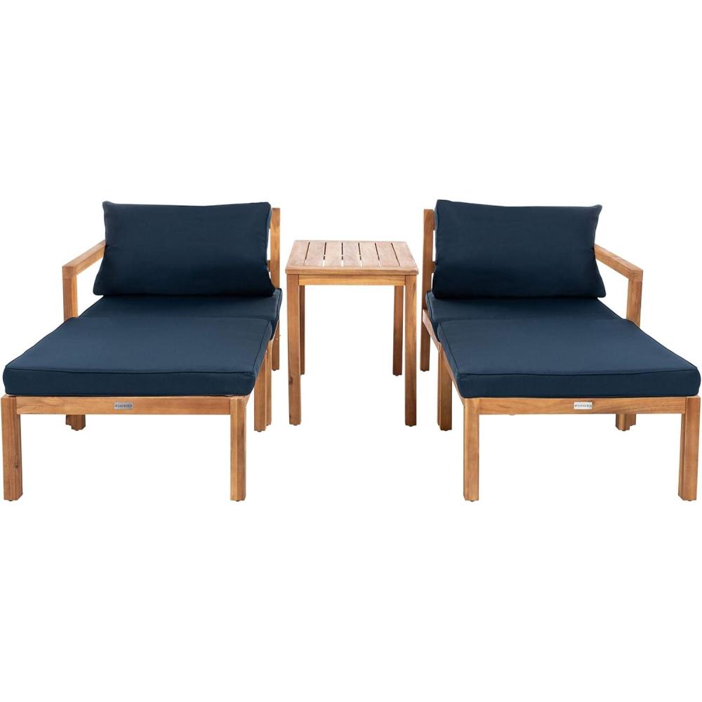 image:imageSAFAVIEH PAT6759B Collection Pratia Natural and Navy 5Piece Outdoor Patio SetNaturalNavy