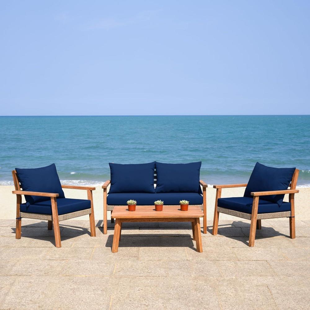 image:imageSAFAVIEH PAT7051A Collection Reid Grey Wash 4Piece Outdoor Patio SetNaturalNavy