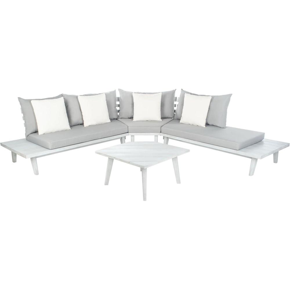 image:imageSAFAVIEH PAT7055C3BX Outdoor Lansen Ash 4Piece Corner Sectional Seat Cushions Included Patio Set GreyGrey with Solid Pillow