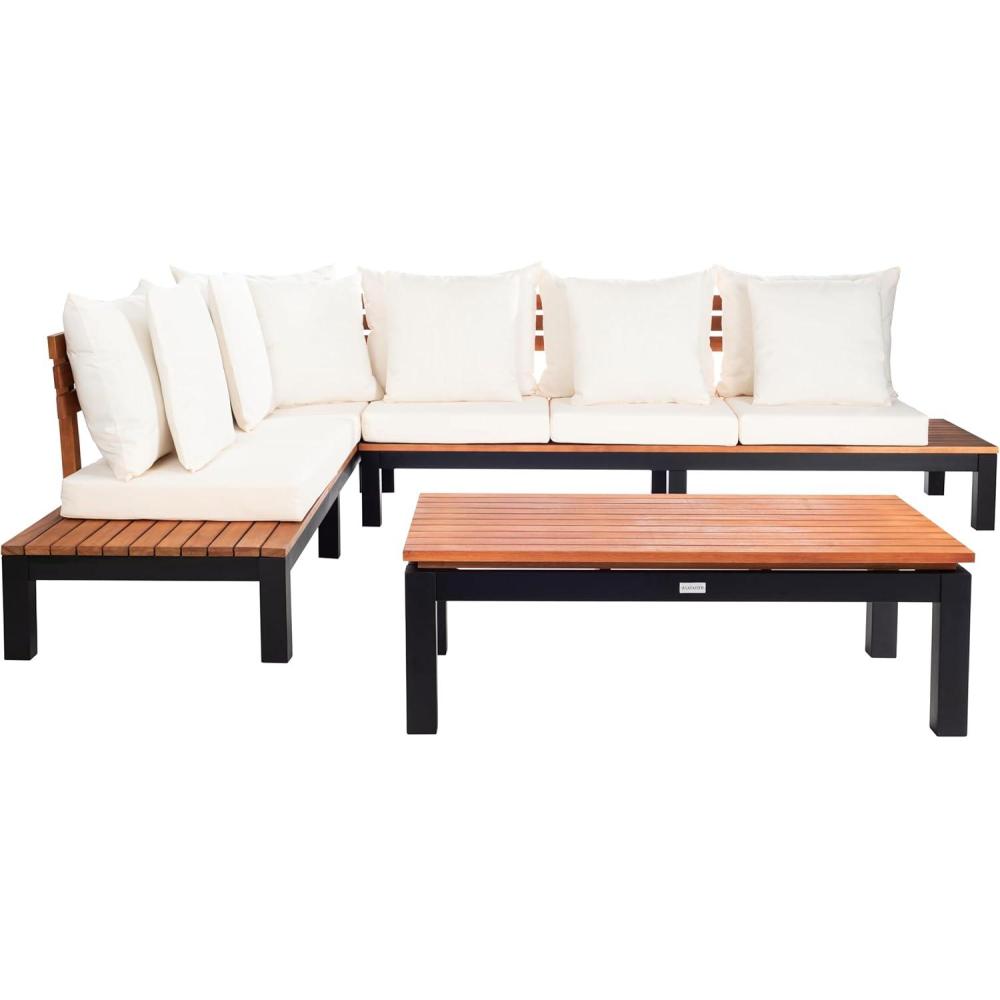 image:imageSAFAVIEH PAT7056A3BX Collection Fristal Teak 3Piece Outdoor Patio SetNatural  Beige  Solid Pillow