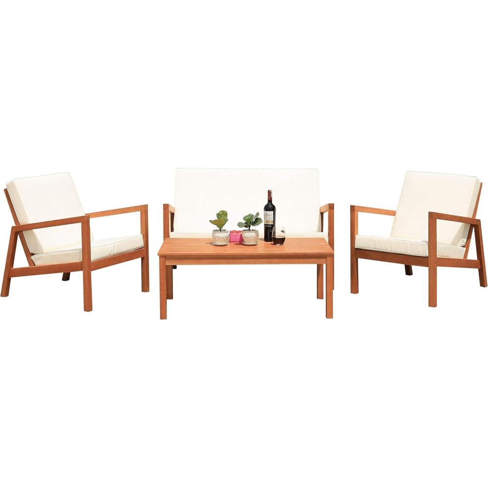 image:imageSAFAVIEH PAT7068A Outdoor Larence Brown 4Piece Seat Cushions Included Patio SetNaturalBeige