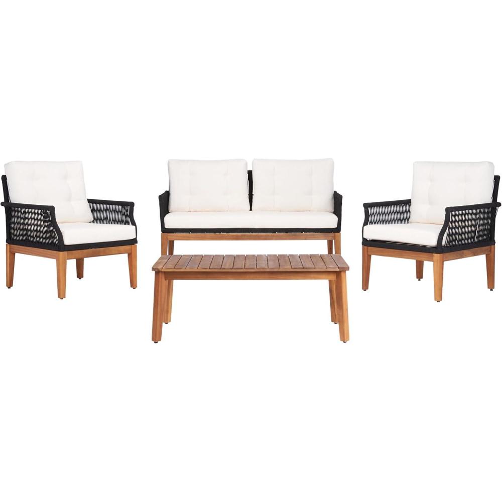 image:imageSAFAVIEH PAT7075A2BX Outdoor Winslo Rope 4Piece Seat Cushions and Pillows Included Patio SetBlackBeige