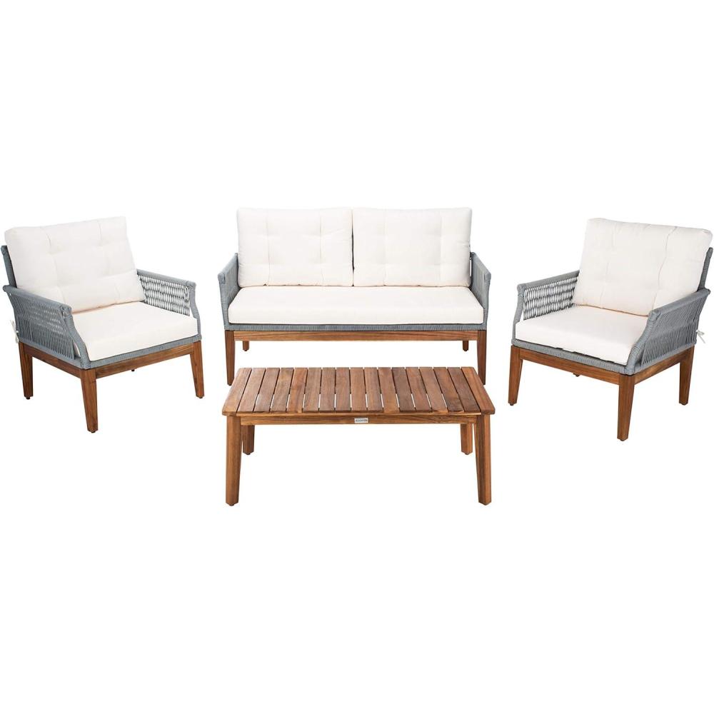 image:imageSAFAVIEH PAT7075A2BX Outdoor Winslo Rope 4Piece Seat Cushions and Pillows Included Patio SetGreyBeige