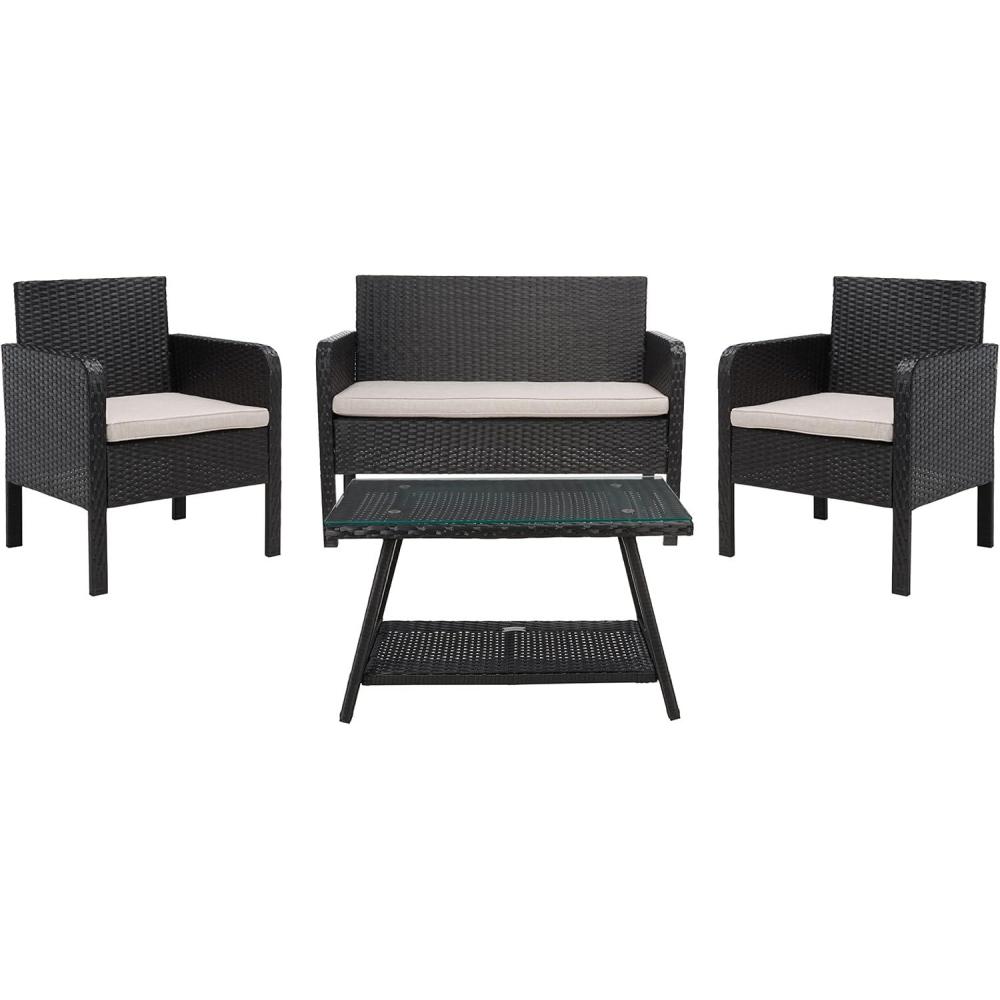 image:imageSAFAVIEH PAT7505A Collection Aboka Black and Beige 4Piece Outdoor Living Patio SetBlackLight Grey