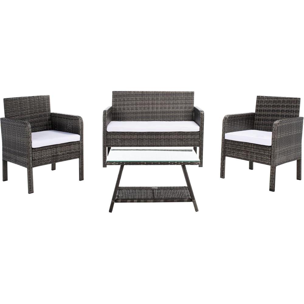 image:imageSAFAVIEH PAT7505A Collection Aboka Black and Beige 4Piece Outdoor Living Patio SetGrey BrownWhite