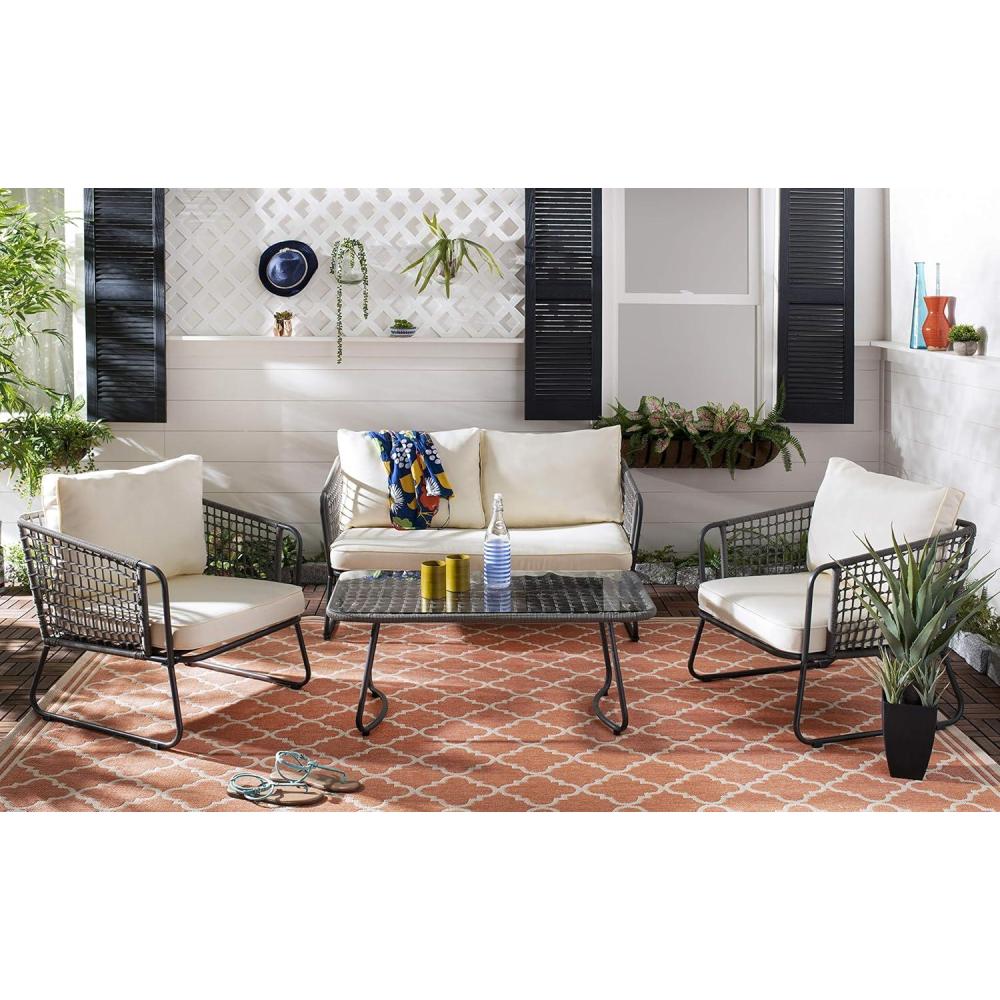 image:imageSAFAVIEH PAT9003A Collection Benjin Grey 4 Piece Living Outdoor SetBrown  White