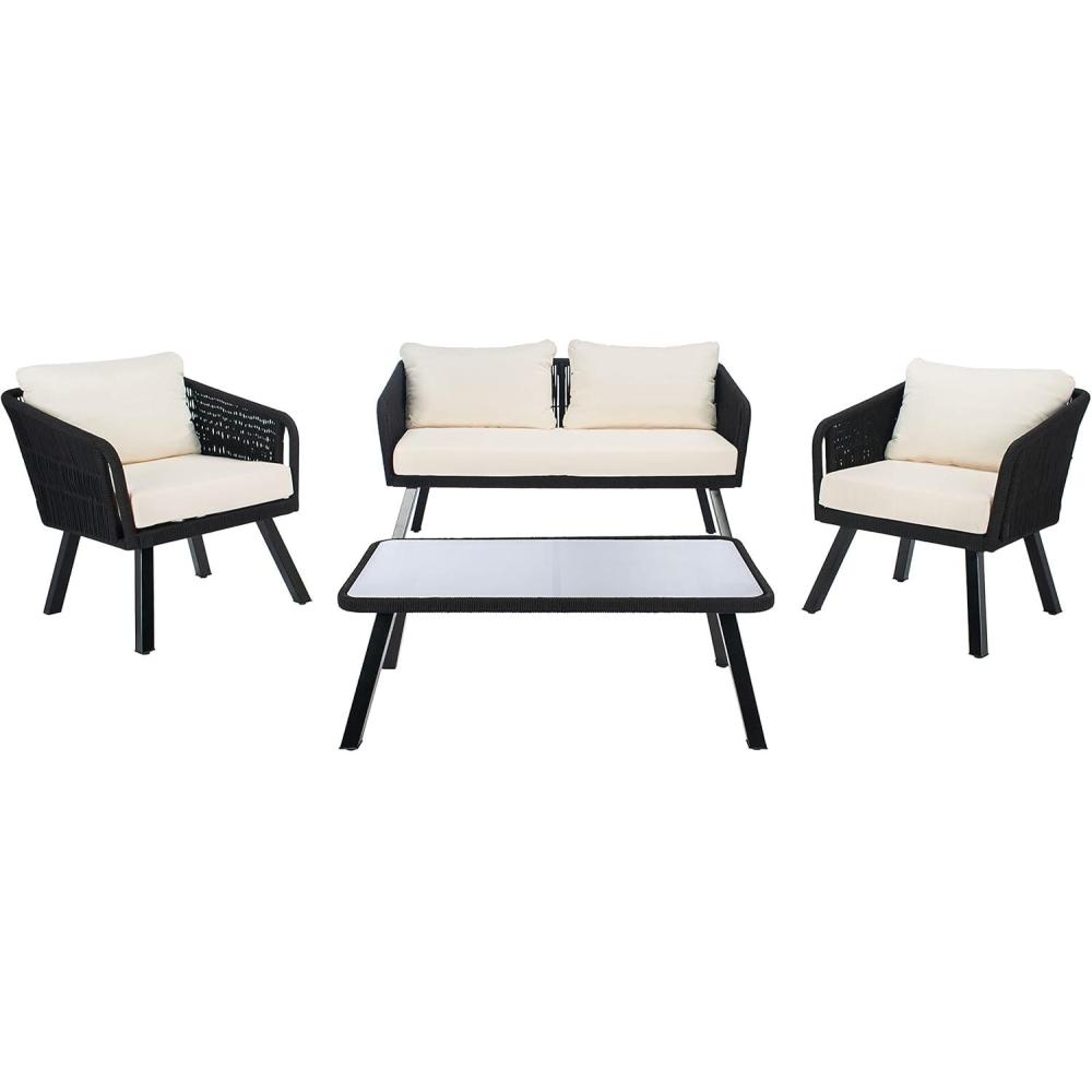 image:imageSafavieh Outdoor Collection Kerson Rope Cushion 4Piece Patio Backyard Living Set PAT7519A GreyBeigeBlack Beige