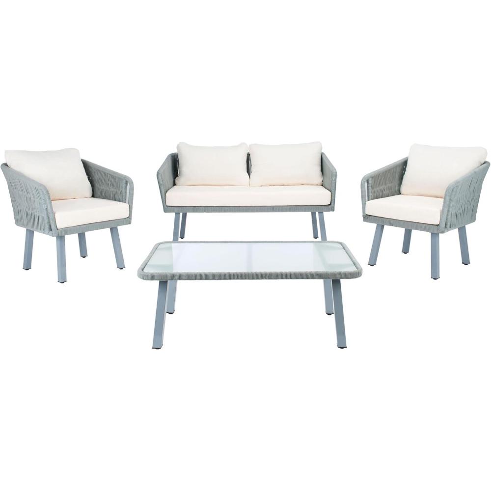 image:imageSafavieh Outdoor Collection Kerson Rope Cushion 4Piece Patio Backyard Living Set PAT7519A GreyBeigeGrey Beige