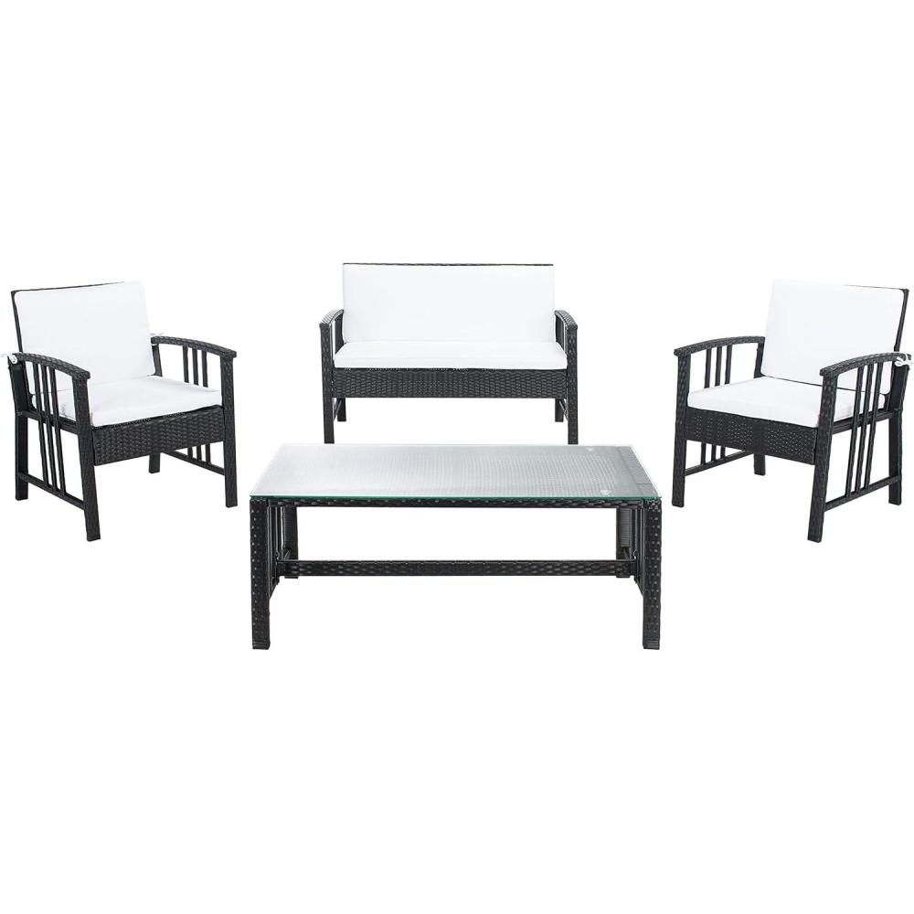 image:imageSafavieh Outdoor Collection Reslor Wicker Cushion 4Piece Living Set PAT7713D NaturalWhiteBlack  White