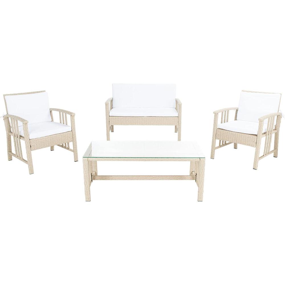 image:imageSafavieh Outdoor Collection Reslor Wicker Cushion 4Piece Living Set PAT7713D NaturalWhiteGrey White